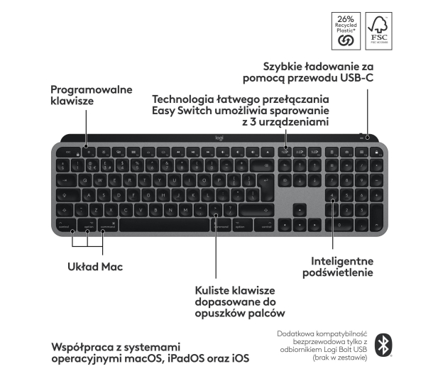 LOGITECH Klawiatura MX Keys S for Mac Space Grey US 920-011637 - 1261398 - zdjęcie 10